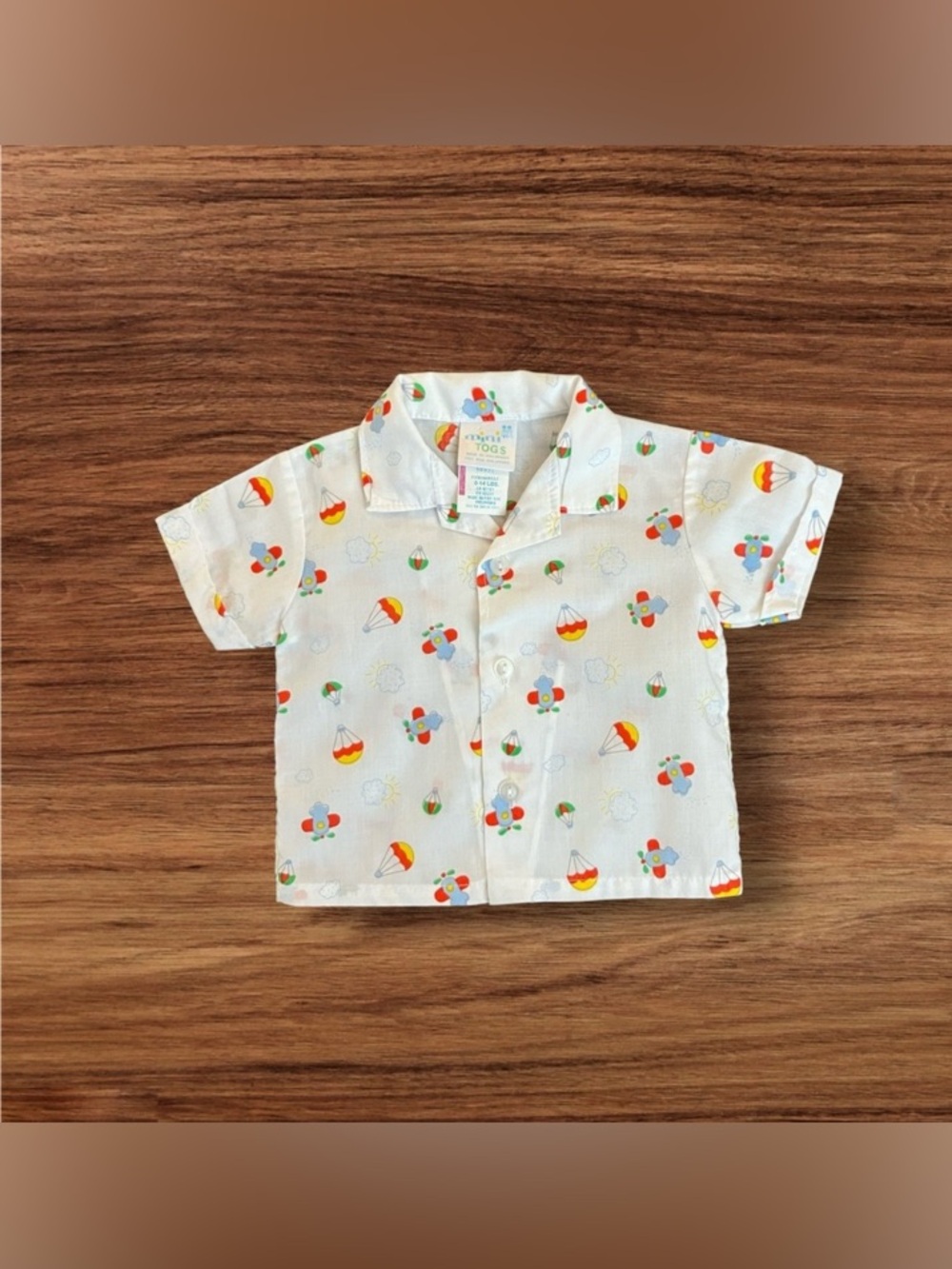 Vintage Mini Togs Baby Airplane Hot Air Balloon White Shirt Collar Sz 0-6 Months